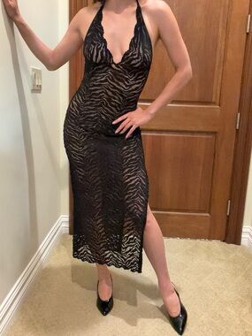 Sexy Vintage Sheer Black Zebra Lace Halter Midi Dress (Small but could fit xs/m)